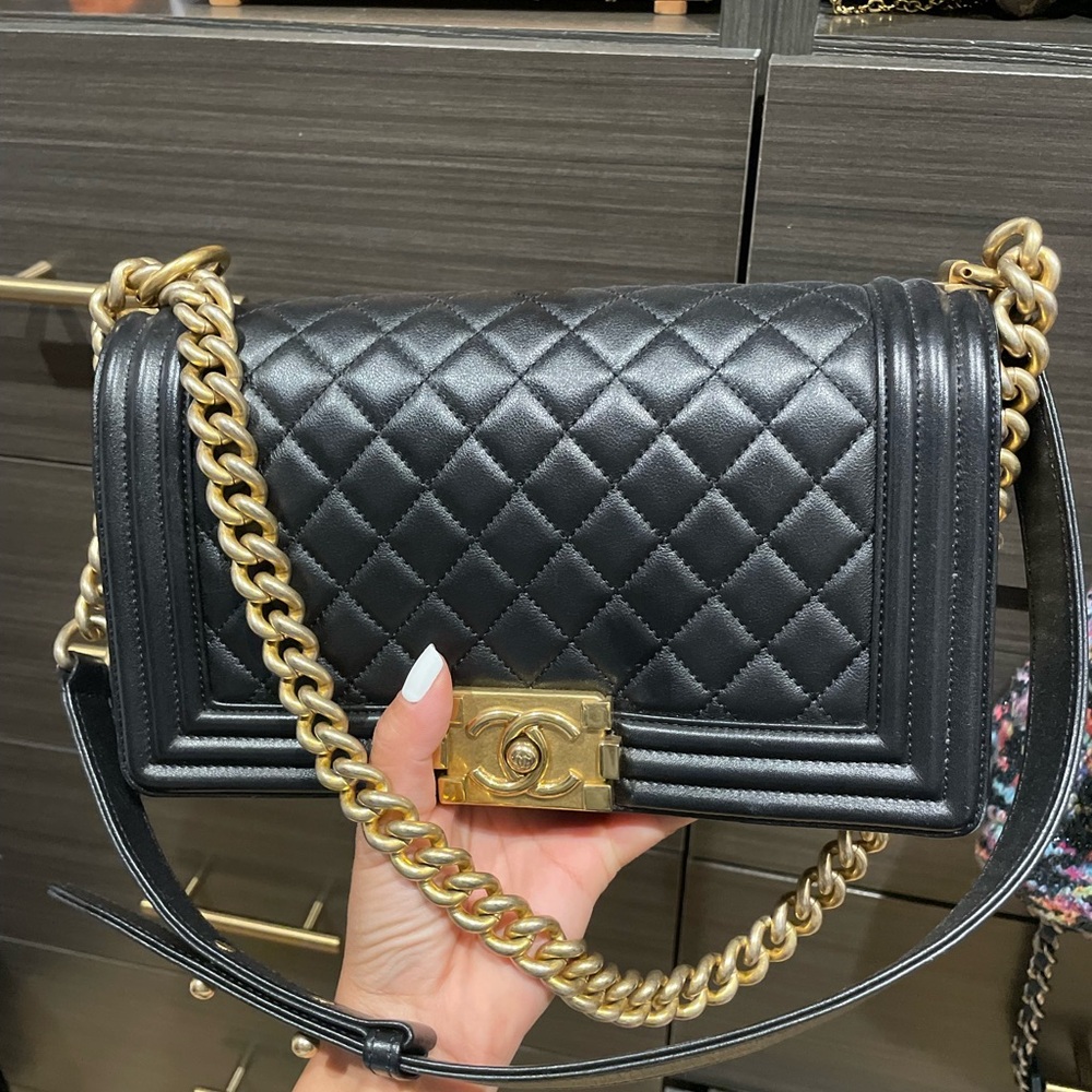 Authentic Chanel old medium boy bag black with gold hardware calfskin